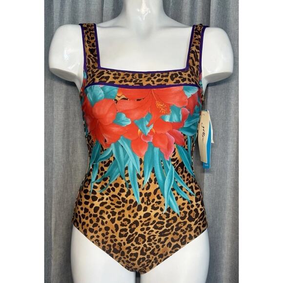 GOTTEX Leopard Print With Water Lily Floral 1 Piece Swimsuit NWT $178 - Picture 8 of 14